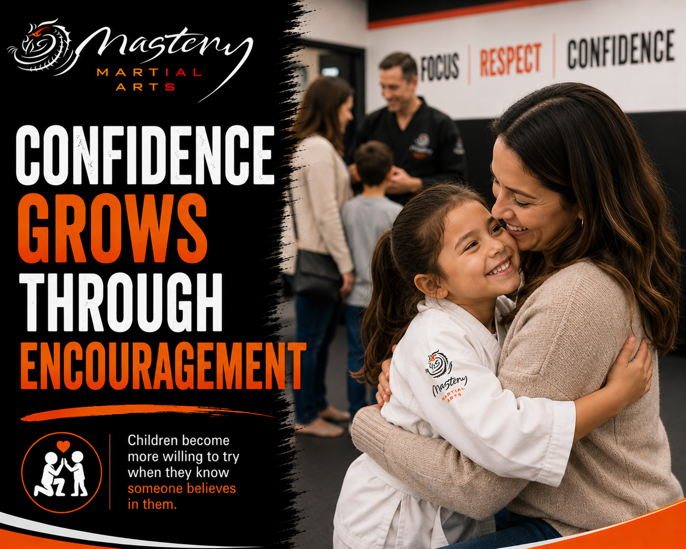 Young Mastery Martial Arts student sharing a proud moment with a parent after class while building confidence and self-belief. Young Mastery Martial Arts student sharing a proud moment with a parent after class while building confidence and self-belief.