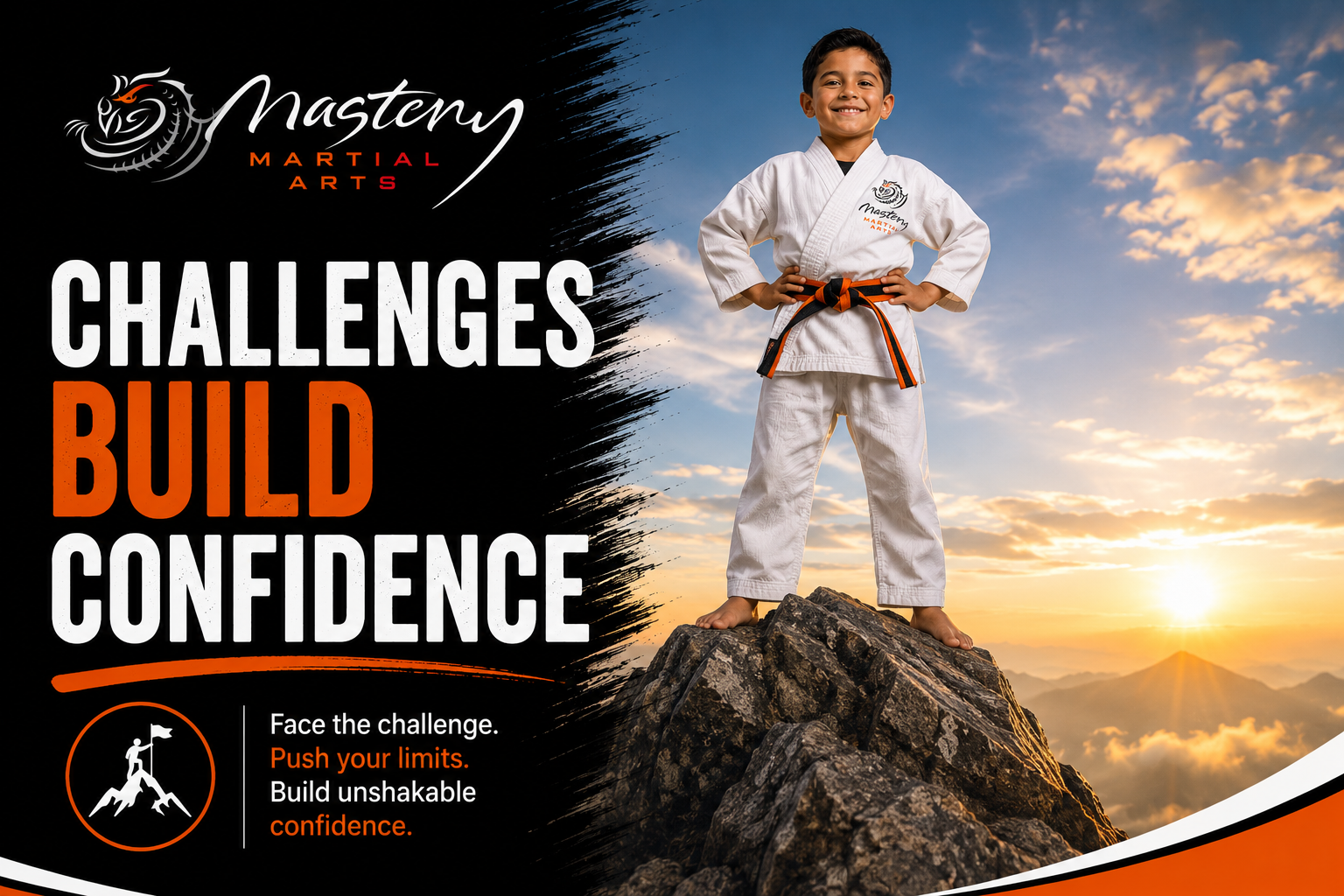 Young Mastery Martial Arts student smiling after completing a difficult challenge and building confidence. Young Mastery Martial Arts student smiling after completing a difficult challenge and building confidence.