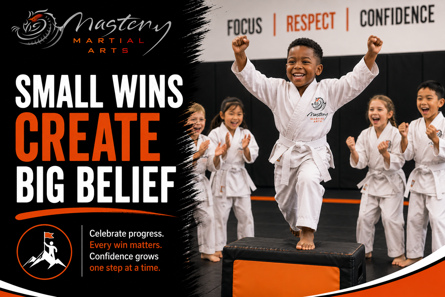 Young Mastery Martial Arts student celebrating progress after accomplishing a difficult task. Young Mastery Martial Arts student celebrating progress after accomplishing a difficult task.