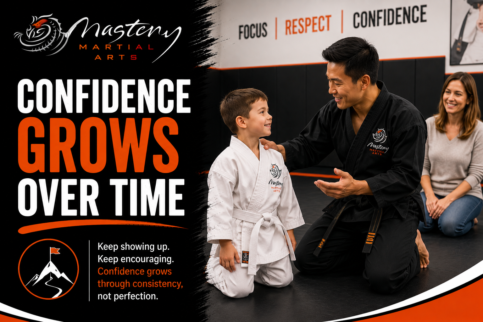 Mastery Martial Arts instructor encouraging a student who continues working through challenges and setbacks. Mastery Martial Arts instructor encouraging a student who continues working through challenges and setbacks.