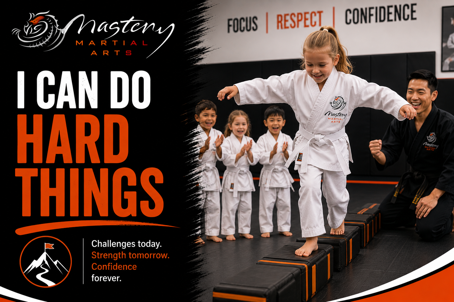 Young Mastery Martial Arts student confidently overcoming a difficult challenge while classmates cheer. Young Mastery Martial Arts student confidently overcoming a difficult challenge while classmates cheer.