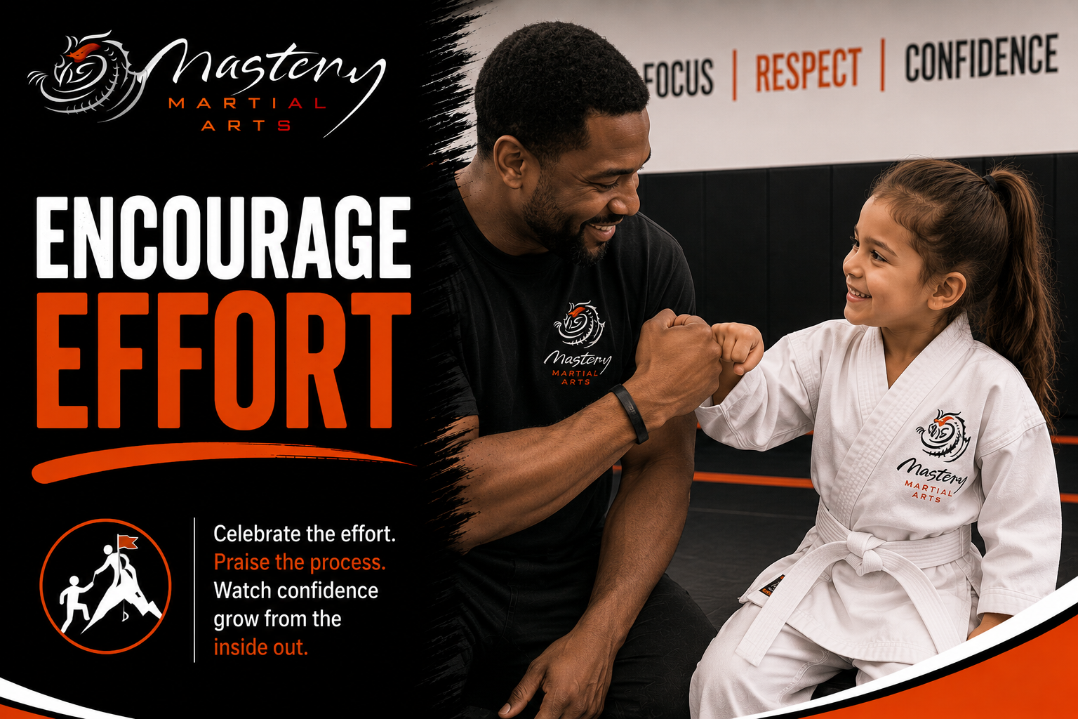 Parent and child celebrating effort and progress after martial arts class. Parent and child celebrating effort and progress after martial arts class.