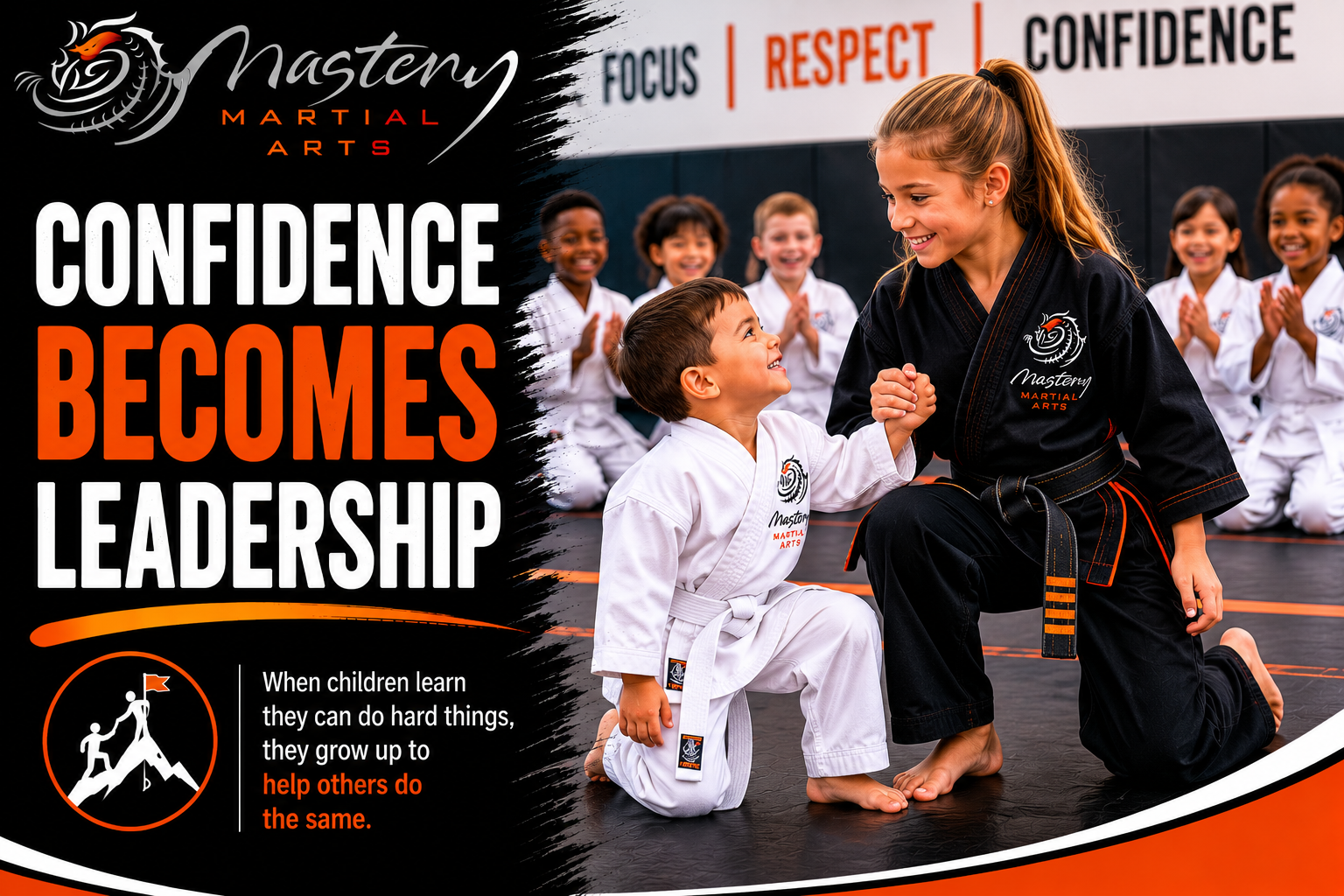 Older Mastery Martial Arts student helping a younger student build confidence and learn new skills. Older Mastery Martial Arts student helping a younger student build confidence and learn new skills.