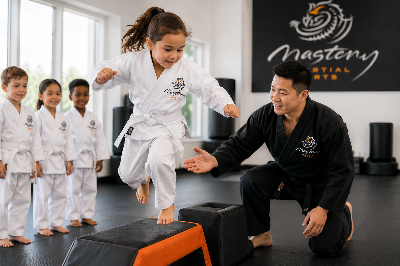 Young girl balancing on a training obstacle while a Mastery Martial Arts instructor encourages her.