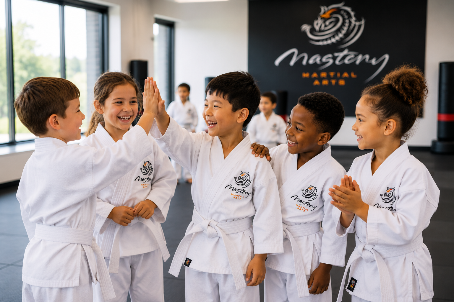 Diverse group of children in white Mastery Martial Arts uniforms encouraging and supporting each other during class.