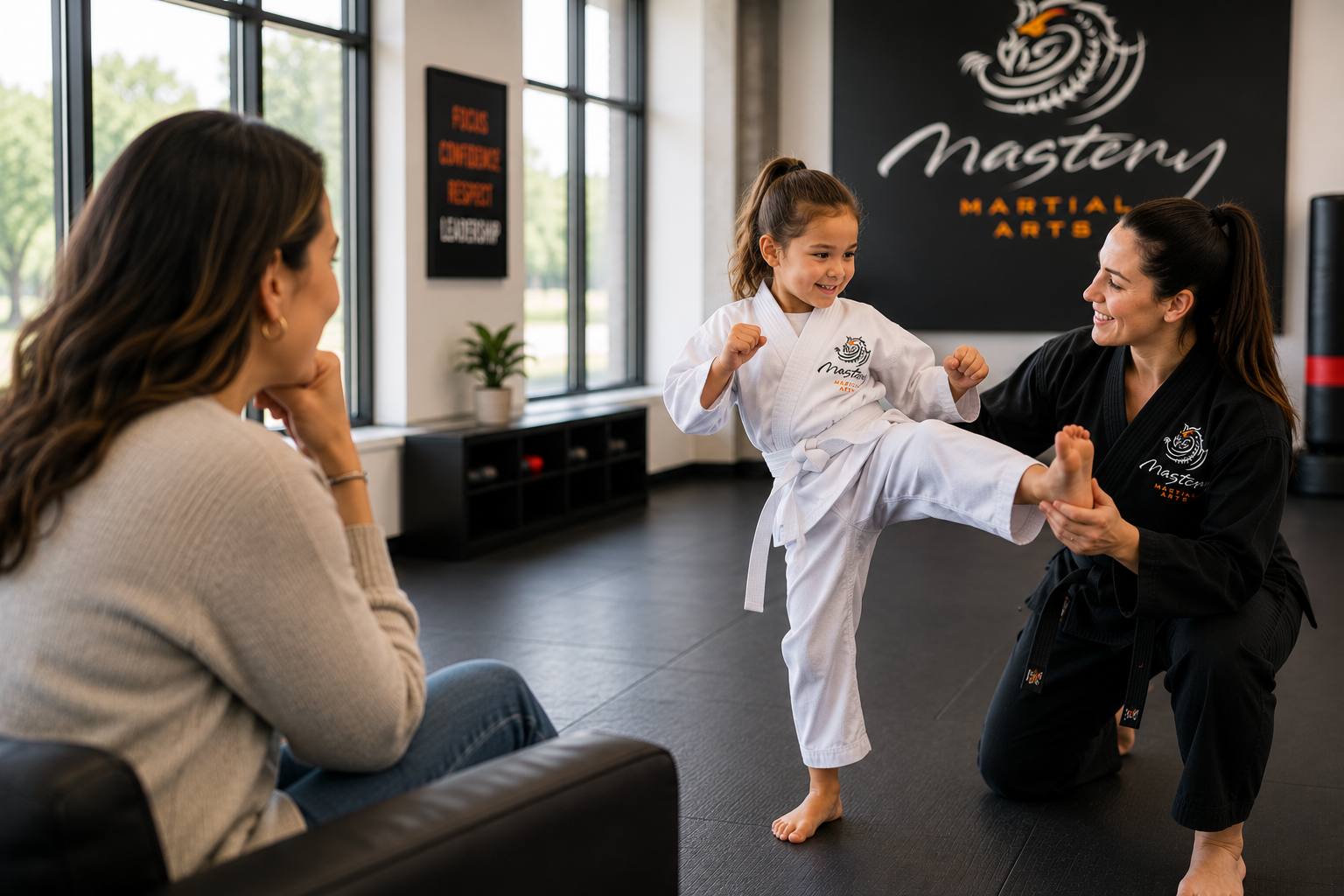 Mother watching her child participate in a Mastery Martial Arts class while building confidence and resilience.