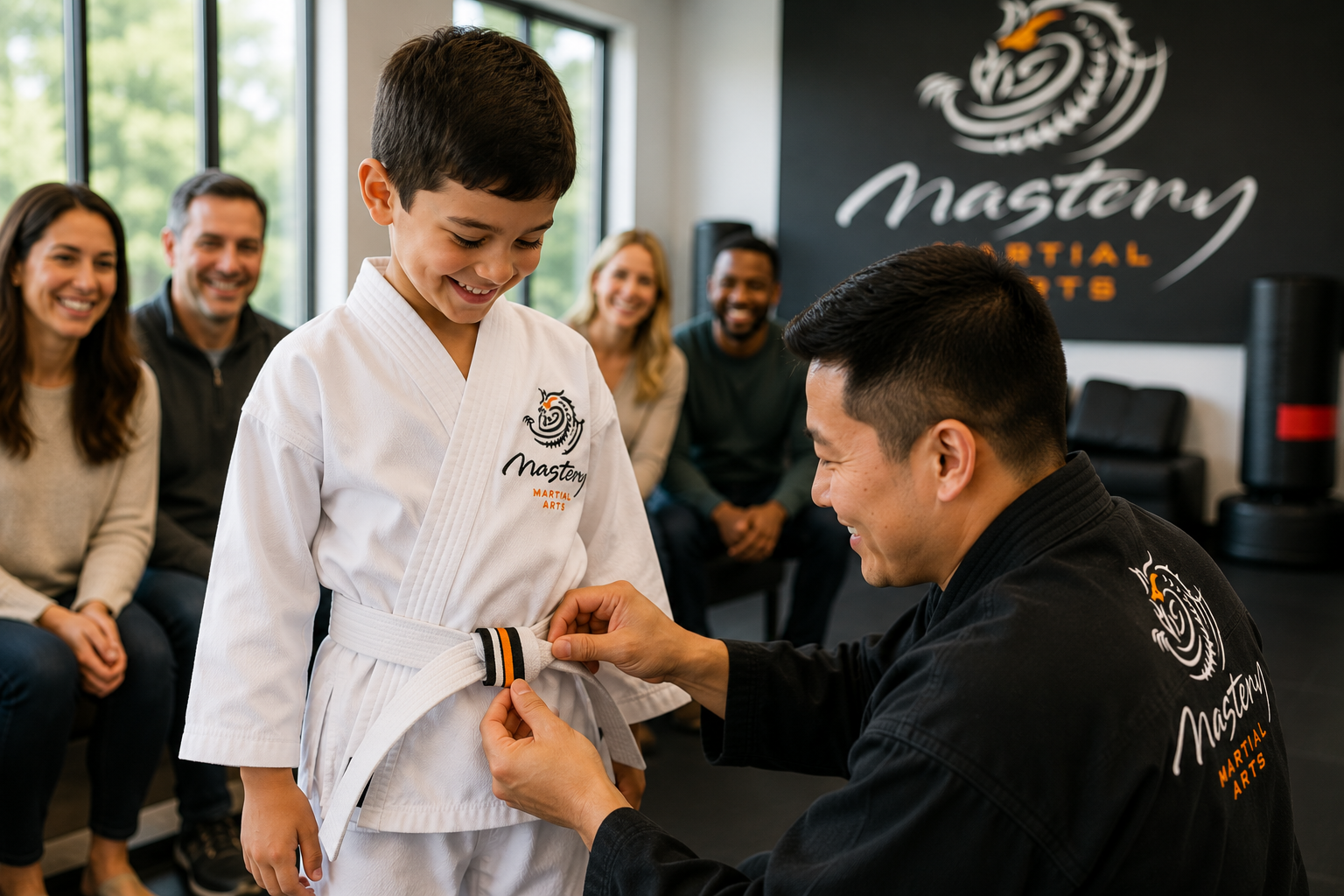 Young Mastery Martial Arts student earning a stripe while smiling with pride and accomplishment.