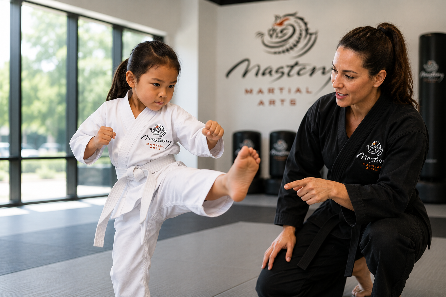 Young girl practicing a martial arts kick while learning a new skill. Young girl practicing a martial arts kick while learning a new skill.
