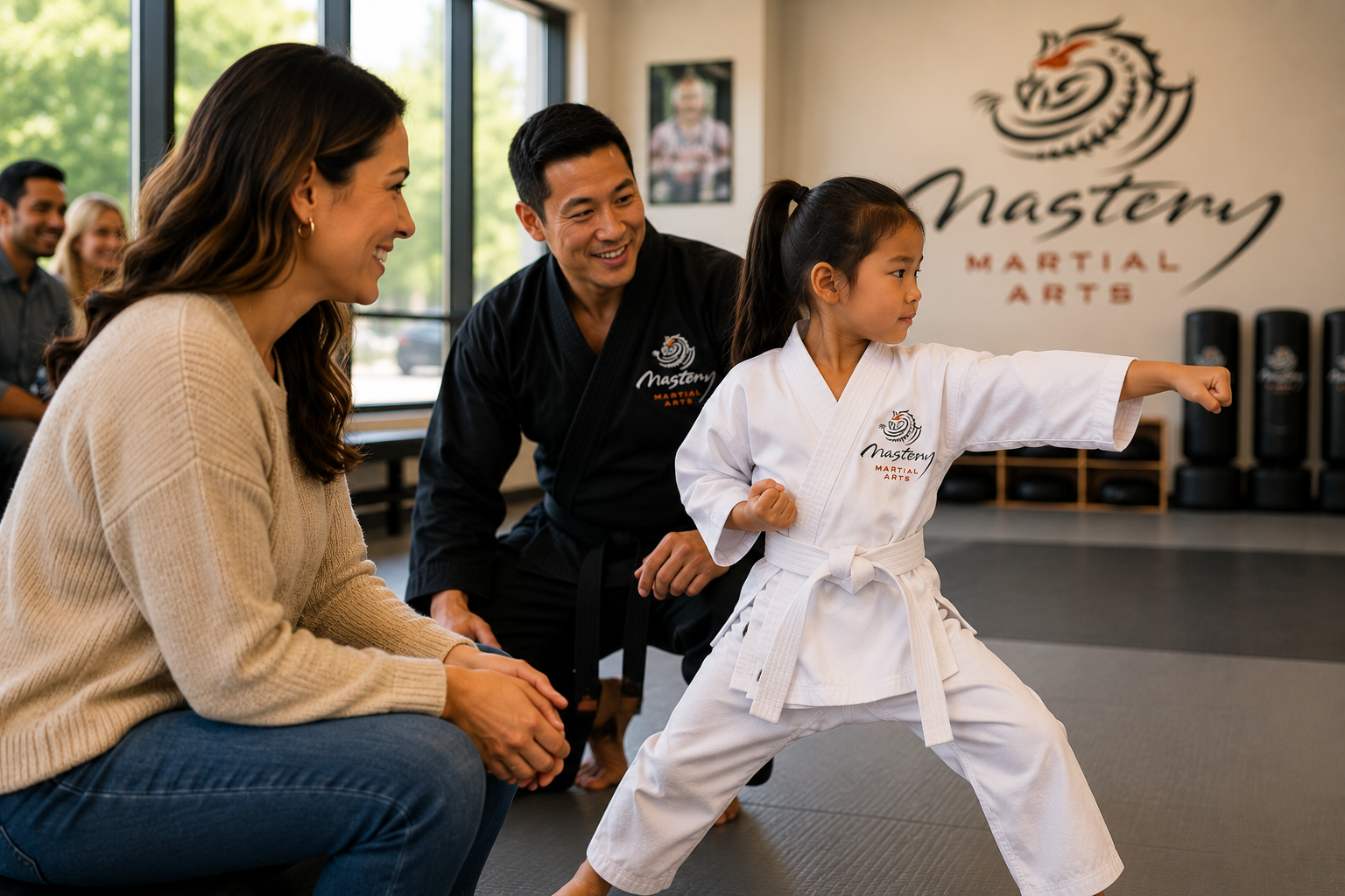 Parent watching child work through challenges during martial arts class. Parent watching child work through challenges during martial arts class.