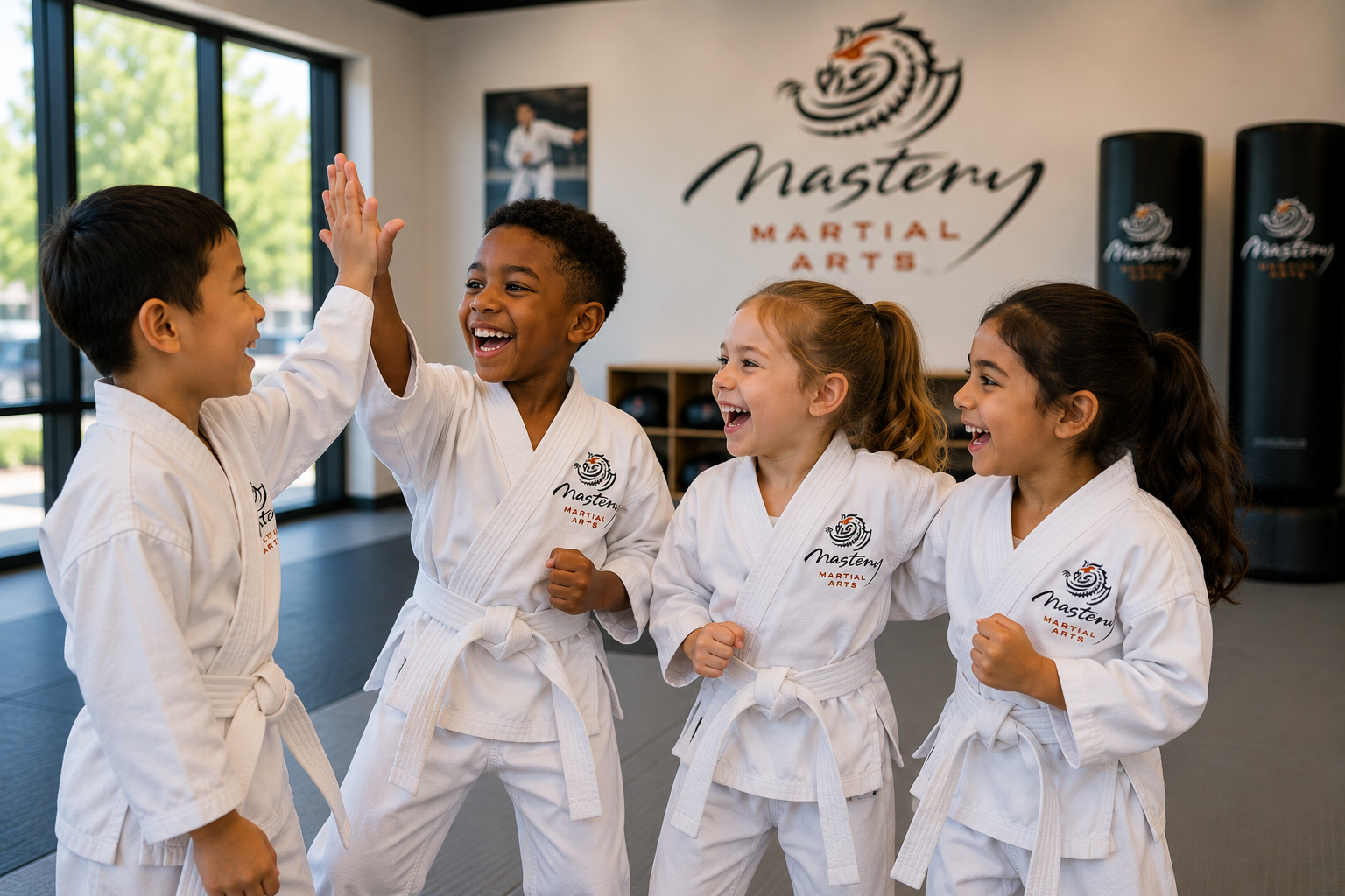 Children encouraging each other during martial arts training. Children encouraging each other during martial arts training.