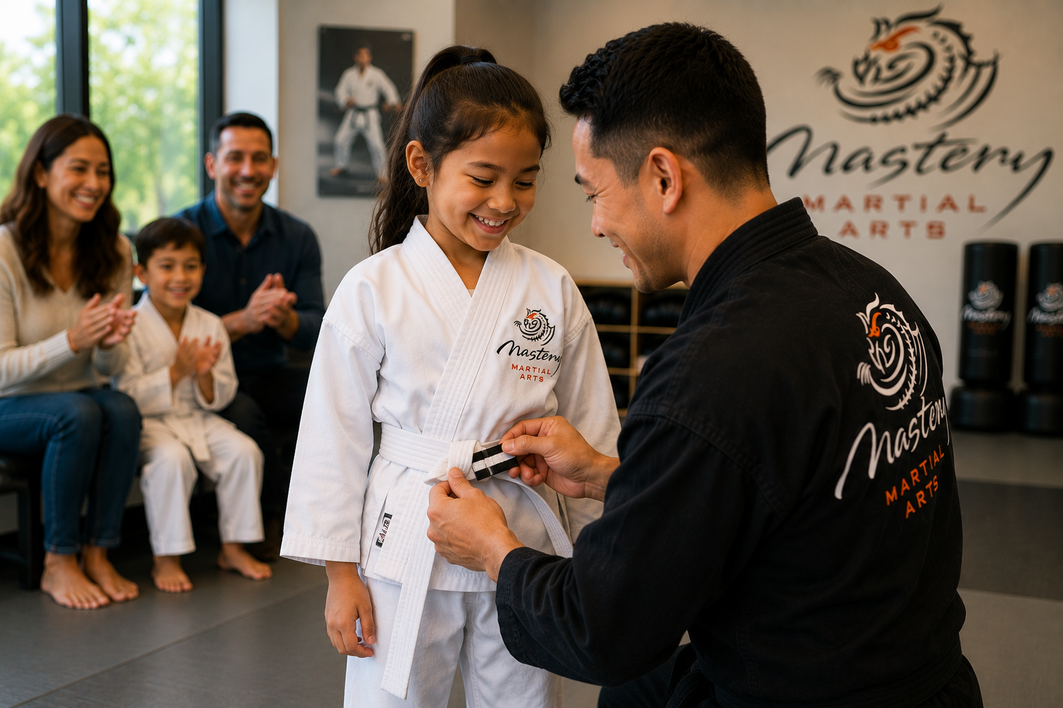 Young martial arts student earning a stripe after working hard and persevering. Young martial arts student earning a stripe after working hard and persevering.