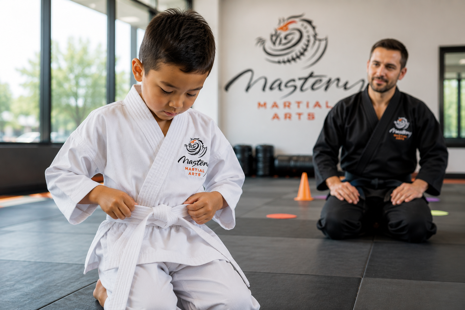 Young boy in a white Mastery Martial Arts uniform practicing independently and building confidence through responsibility. Young boy in a white Mastery Martial Arts uniform practicing independently and building confidence through responsibility.