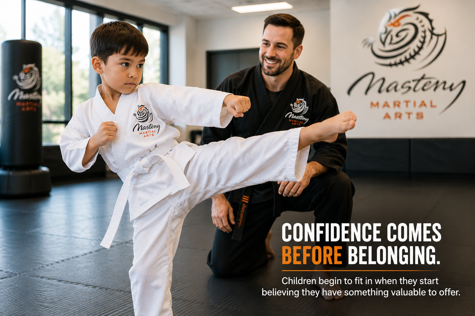 Young martial arts student practicing confidently while building self-esteem and social confidence. Young martial arts student practicing confidently while building self-esteem and social confidence.