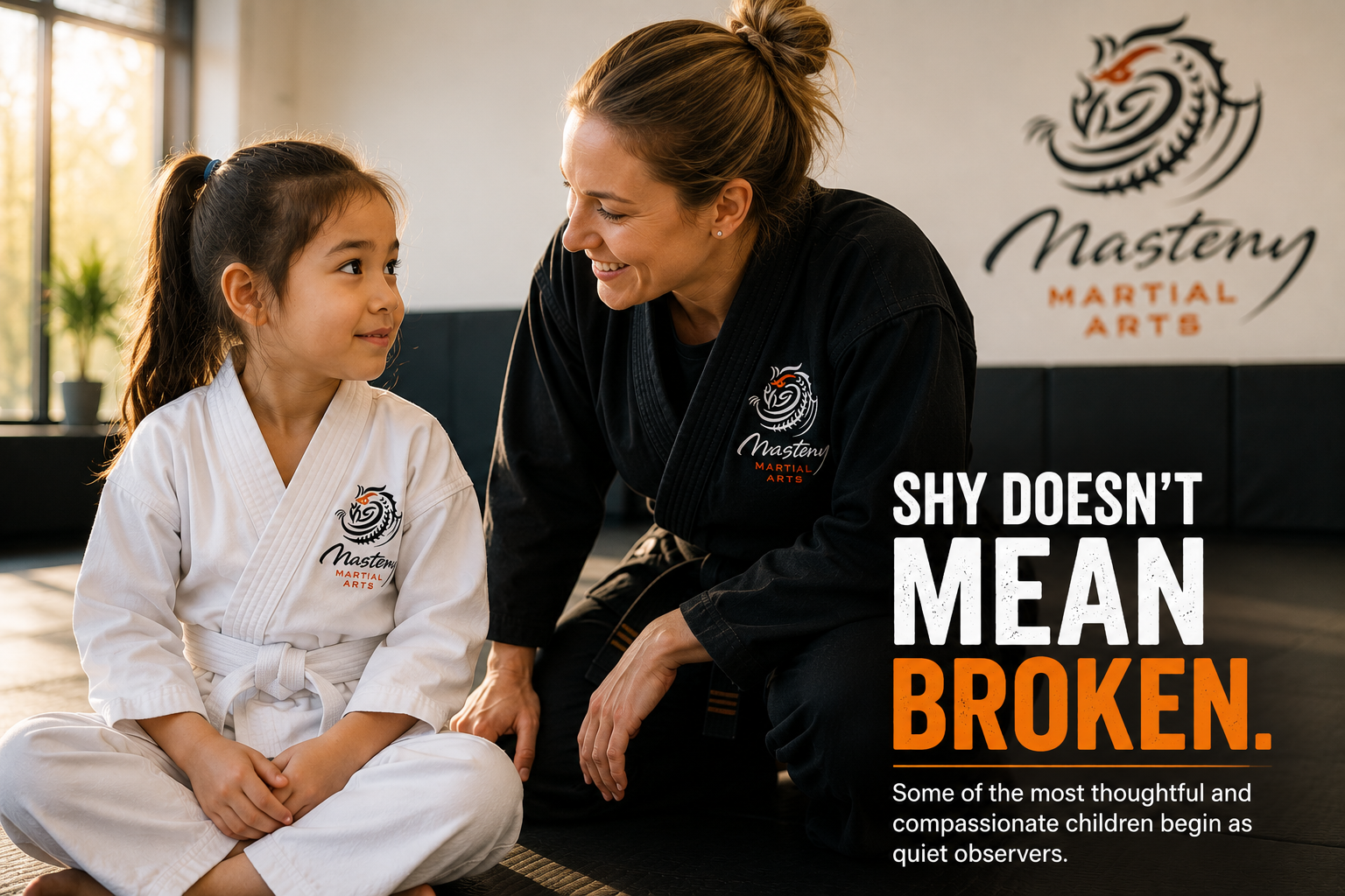 Young girl talking with a caring martial arts instructor who encourages her confidence and self-belief. Young girl talking with a caring martial arts instructor who encourages her confidence and self-belief.