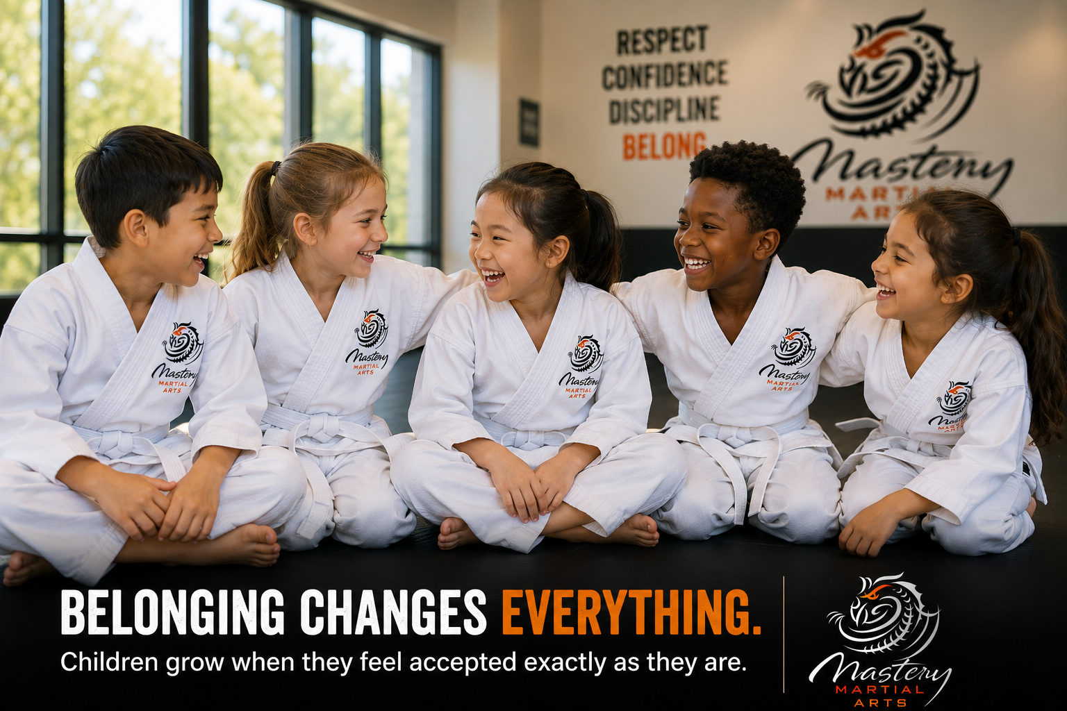 Group of children laughing together after martial arts class and building friendships through confidence. Group of children laughing together after martial arts class and building friendships through confidence.