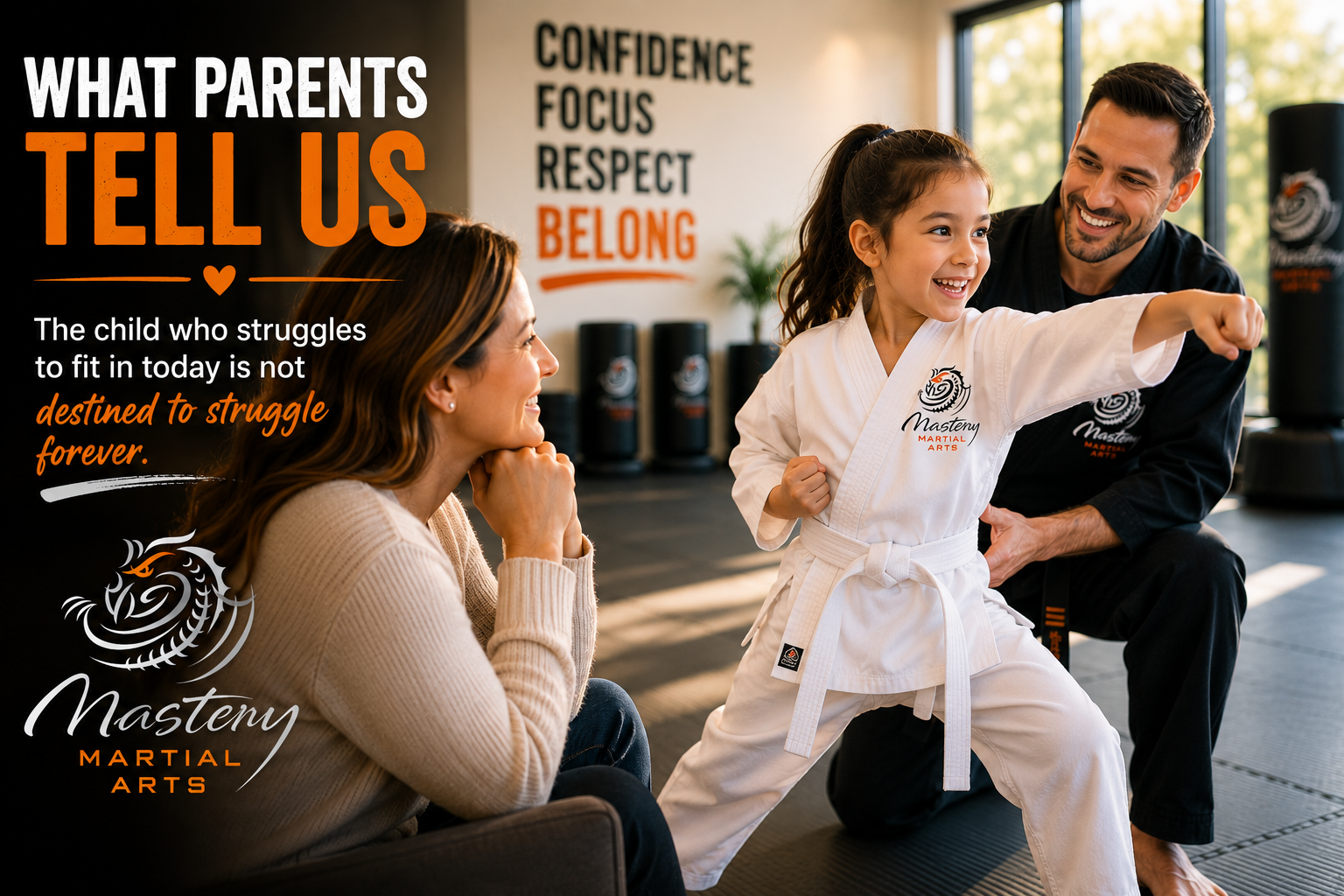 Mother proudly watching her daughter participate confidently in martial arts class. Mother proudly watching her daughter participate confidently in martial arts class.