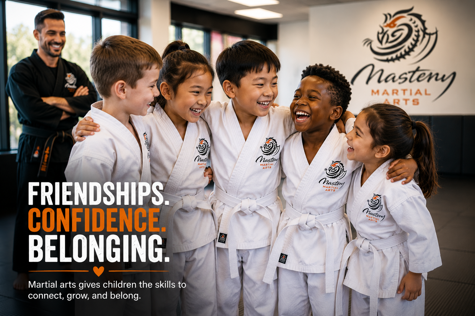 Confident child smiling beside friends after martial arts class and developing lifelong friendships. Confident child smiling beside friends after martial arts class and developing lifelong friendships.