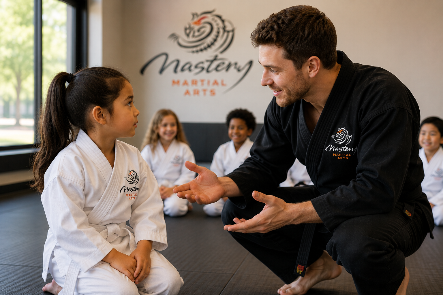 Black belt instructor kneeling beside a young girl in a white Mastery Martial Arts uniform, encouraging her with kindness and helping her build confidence to speak up. Black belt instructor kneeling beside a young girl in a white Mastery Martial Arts uniform, encouraging her with kindness and helping her build confidence to speak up.