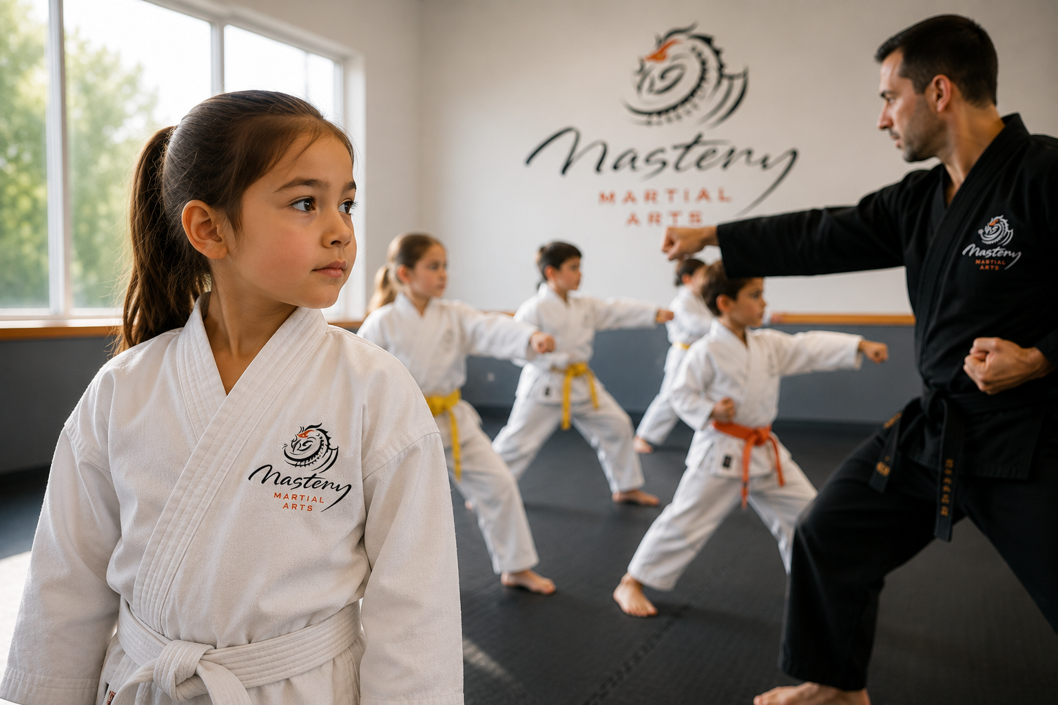 Young girl in a white Mastery Martial Arts uniform listening carefully to her instructor during class. Young girl in a white Mastery Martial Arts uniform listening carefully to her instructor during class.