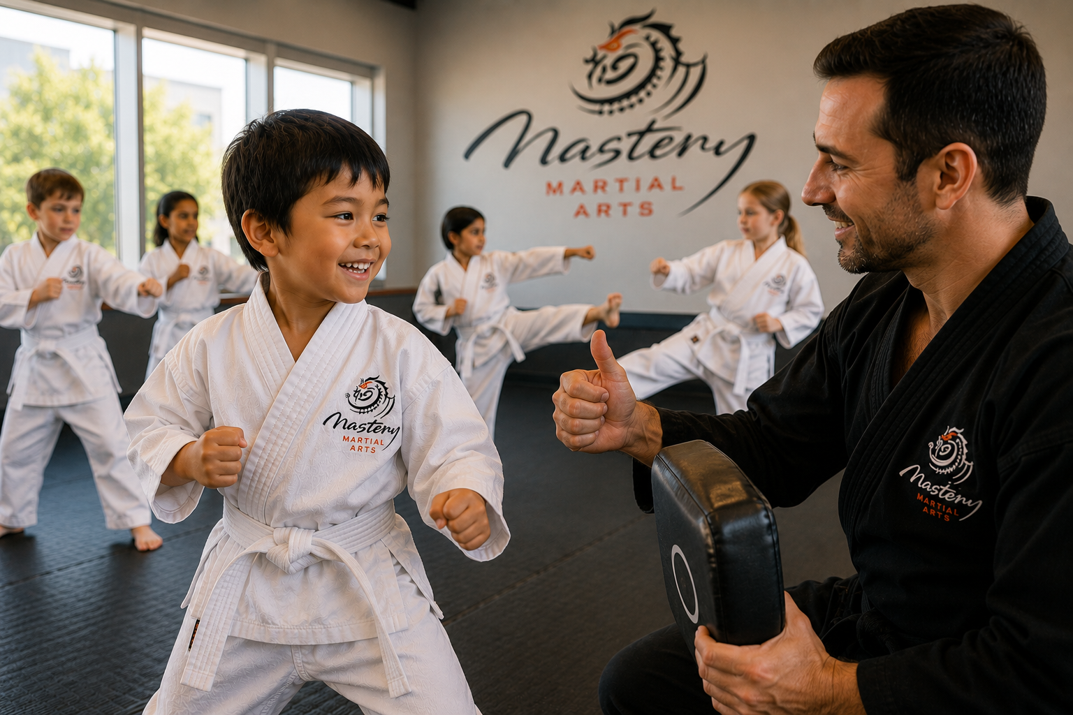 Group of diverse children wearing white belts standing together before beginning martial arts class. Group of diverse children wearing white belts standing together before beginning martial arts class.
