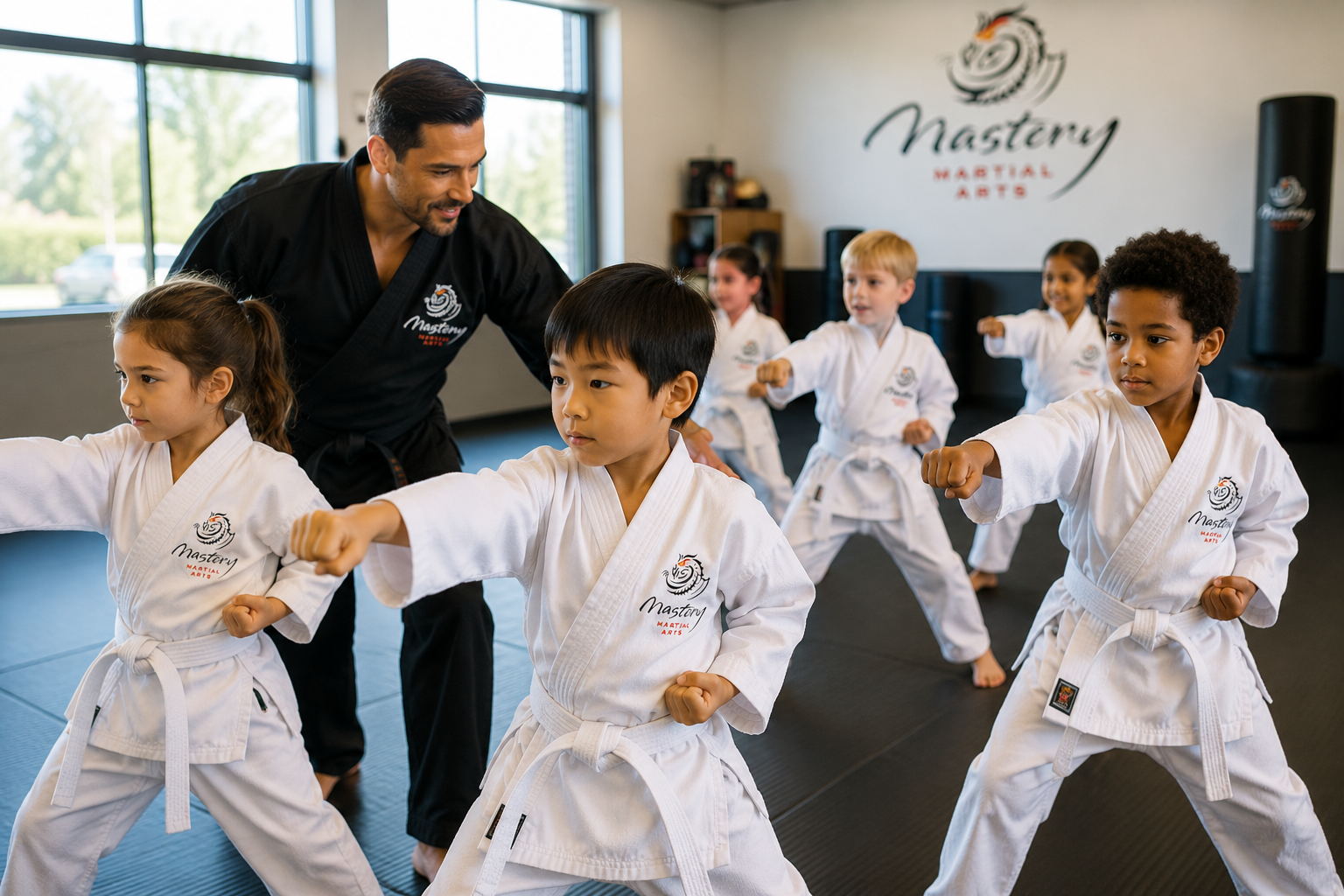 Young martial arts student balancing during class while learning persistence and confidence Young martial arts student balancing during class while learning persistence and confidence