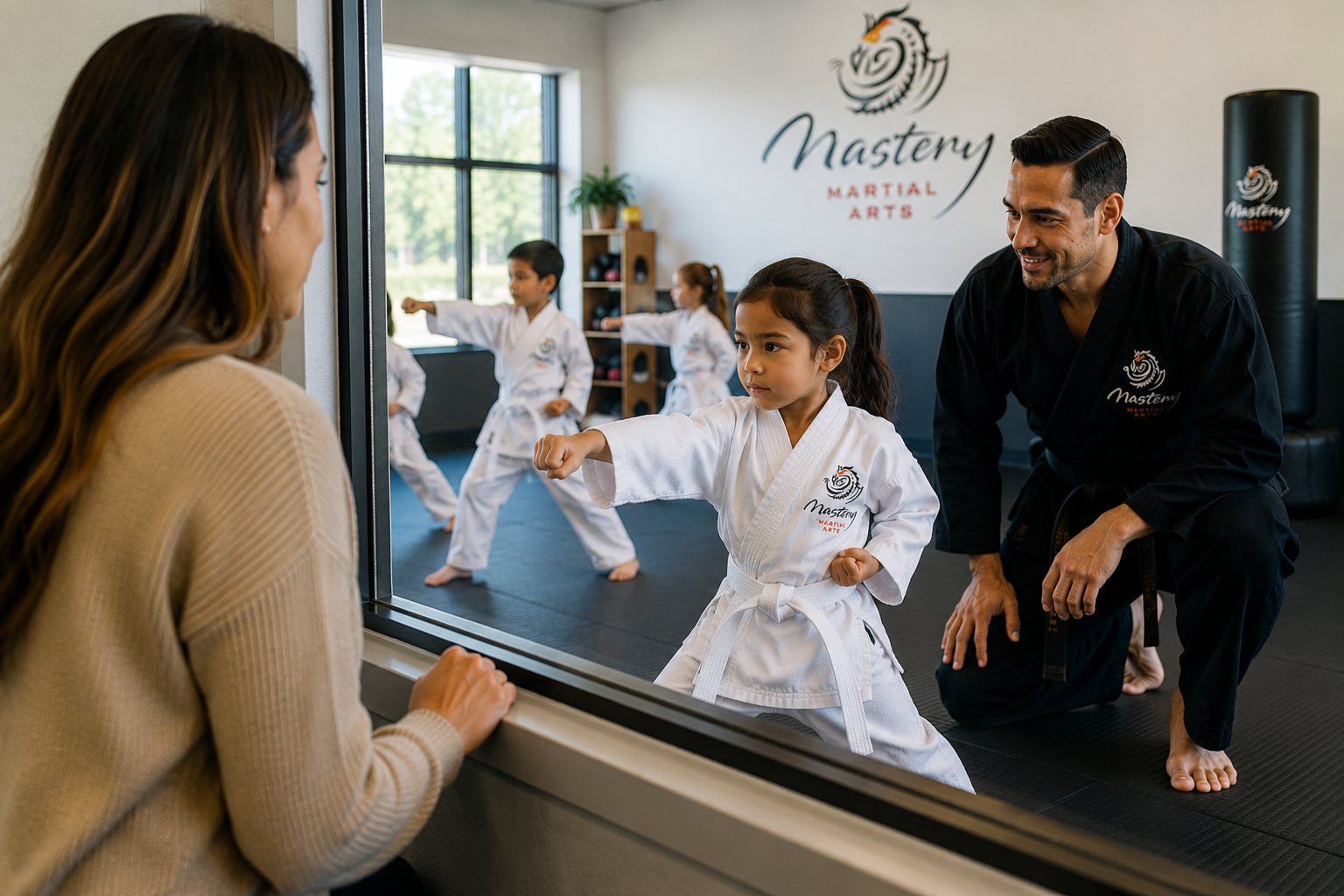 Parent proudly watching their child work through a martial arts challenge independently. Parent proudly watching their child work through a martial arts challenge independently.