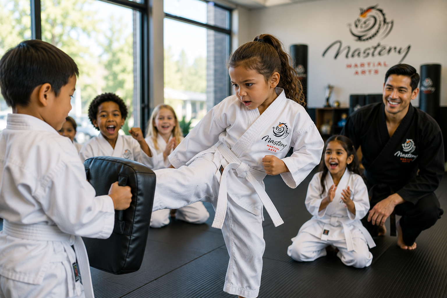 Young martial arts student practicing a kick while classmates cheer and encourage. Young martial arts student practicing a kick while classmates cheer and encourage.