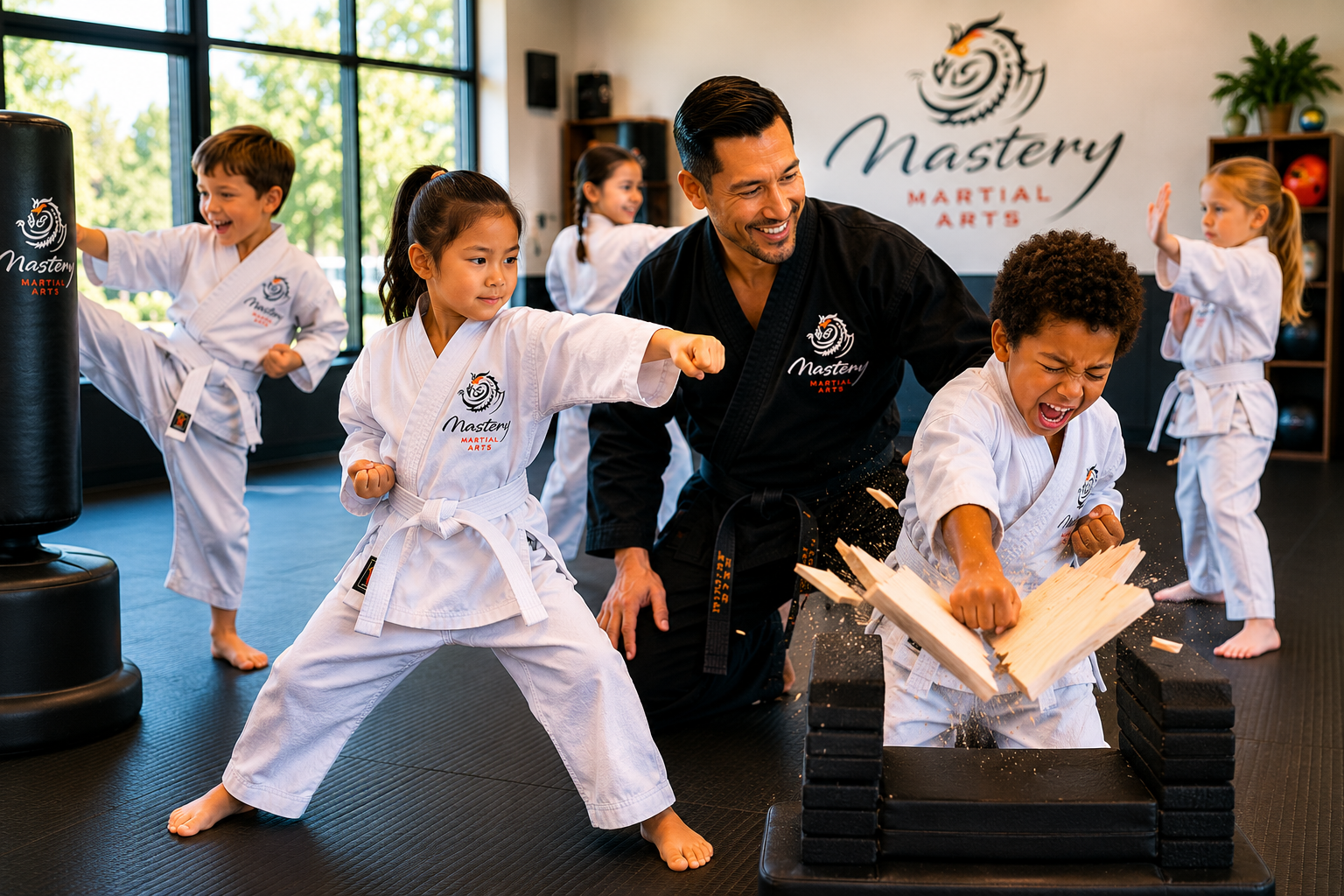 Children practicing punches, kicks, and board breaking during martial arts class. Children practicing punches, kicks, and board breaking during martial arts class.