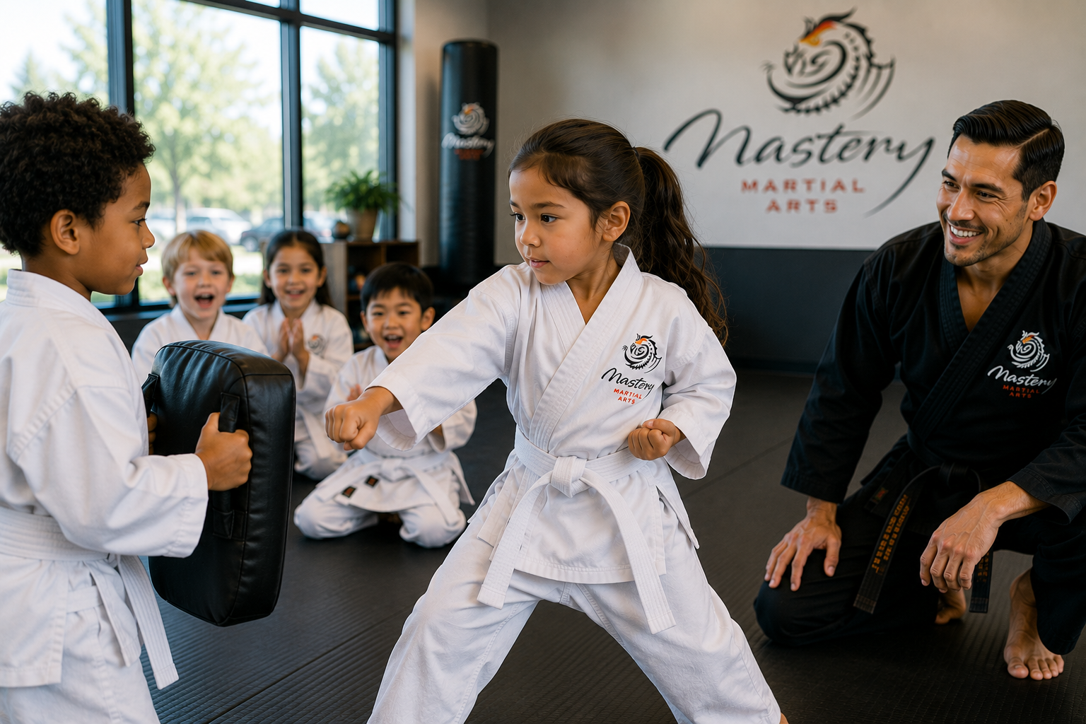 Children practicing martial arts skills while building confidence through consistent effort. Children practicing martial arts skills while building confidence through consistent effort.