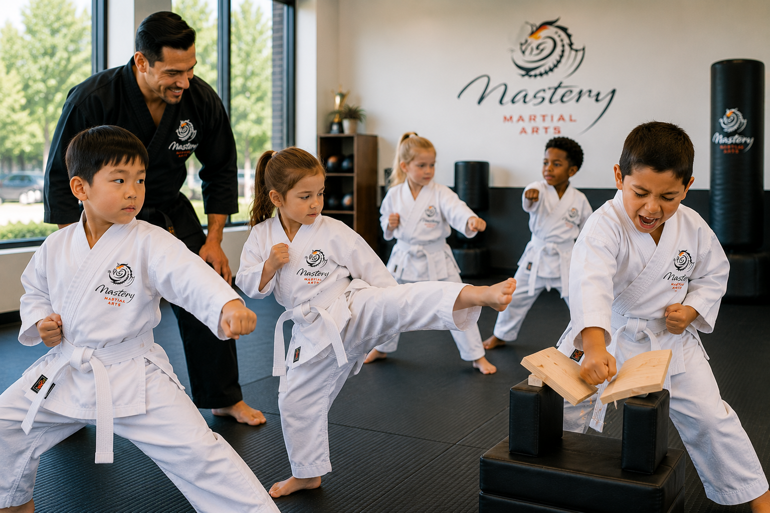 Children practicing martial arts together while developing resilience, focus, and perseverance. Children practicing martial arts together while developing resilience, focus, and perseverance.