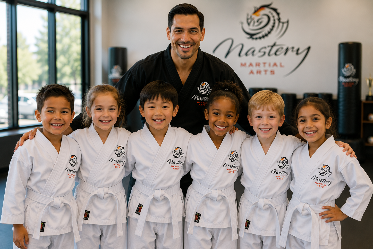 Diverse group of smiling children in white Mastery Martial Arts uniforms standing proudly with their instructor. Diverse group of smiling children in white Mastery Martial Arts uniforms standing proudly with their instructor.