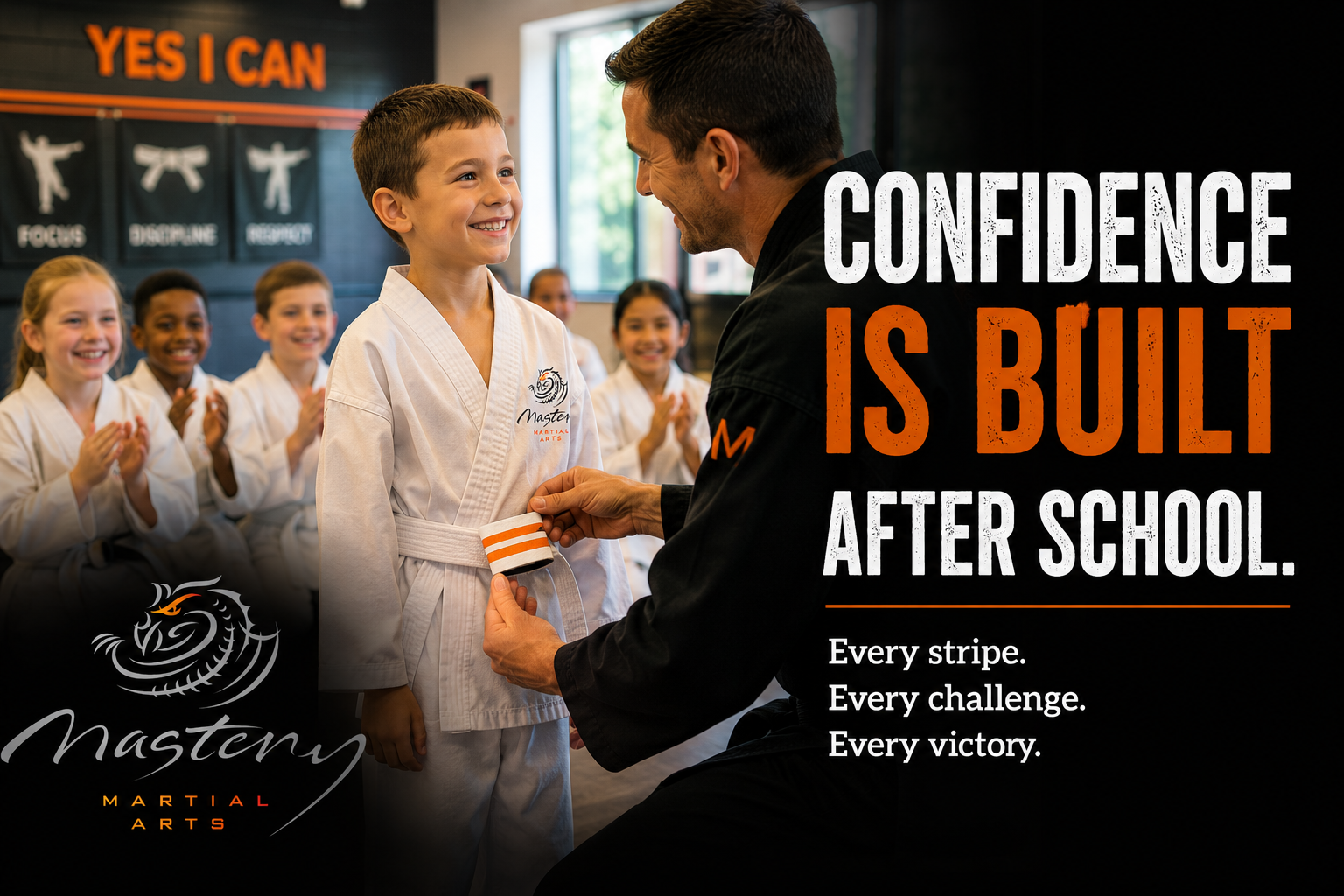 Young martial arts student smiling after earning a stripe during an after school martial arts class.