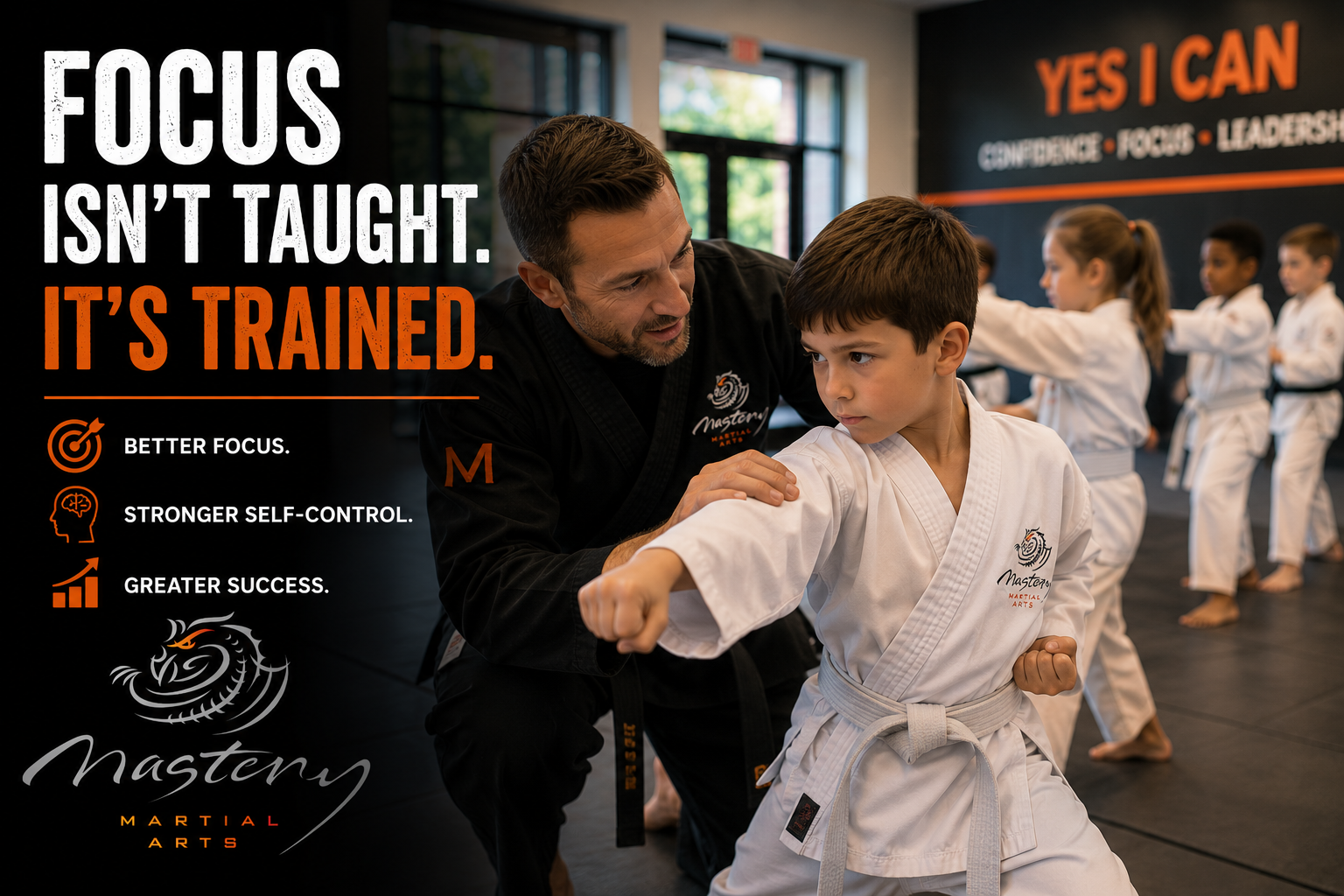 Martial arts instructor helping a young student improve focus and listening skills after school.