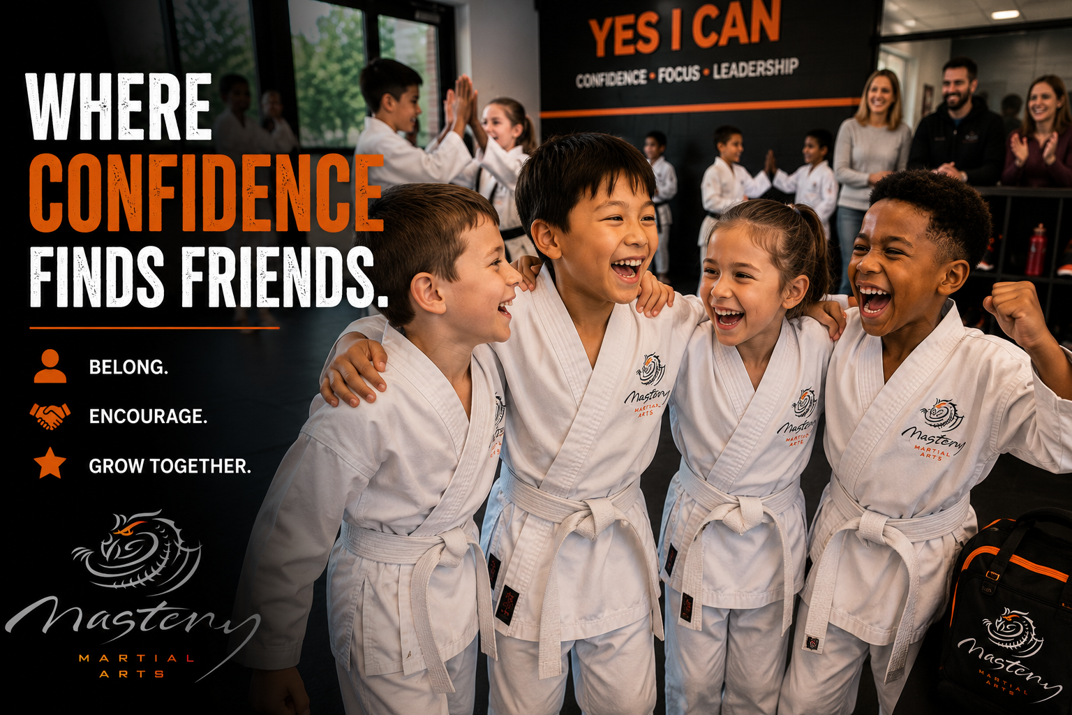 Children celebrating together after completing martial arts class at Mastery Martial Arts.