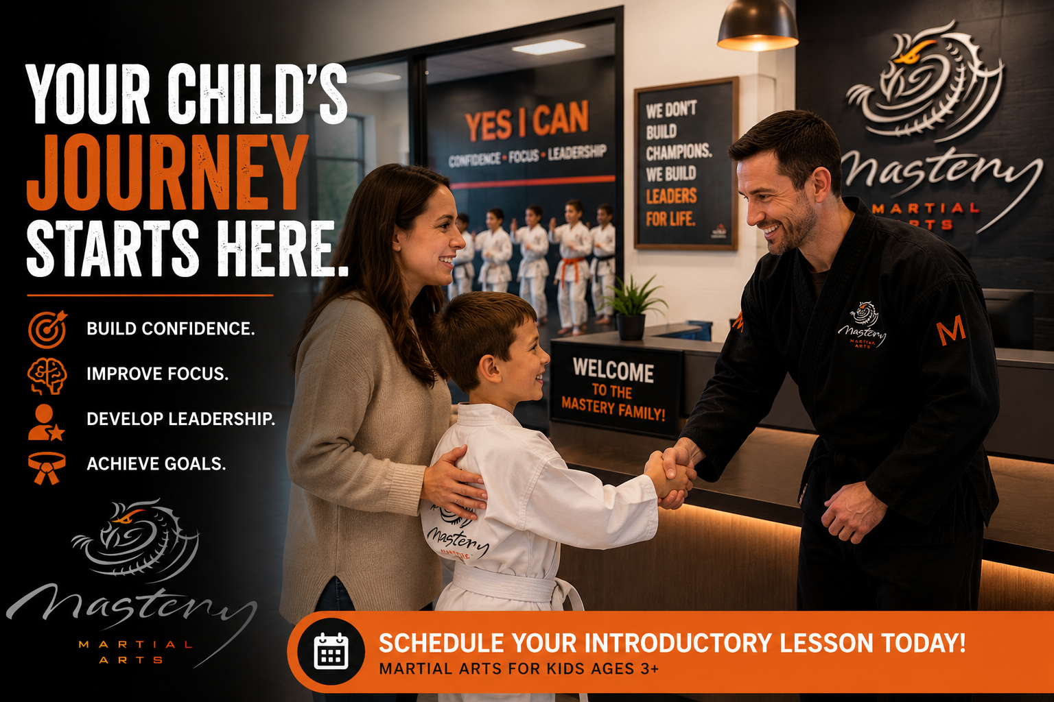 Parent and child meeting a Mastery Martial Arts instructor before an introductory lesson.