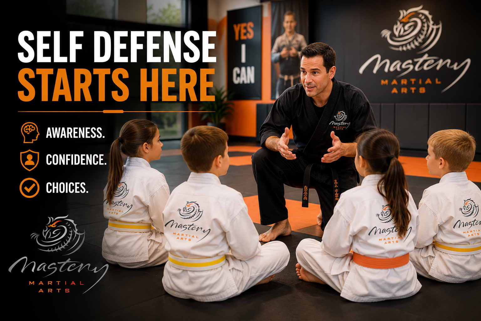 Martial arts instructor teaching children awareness and confidence before physical self-defense. Martial arts instructor teaching children awareness and confidence before physical self-defense.