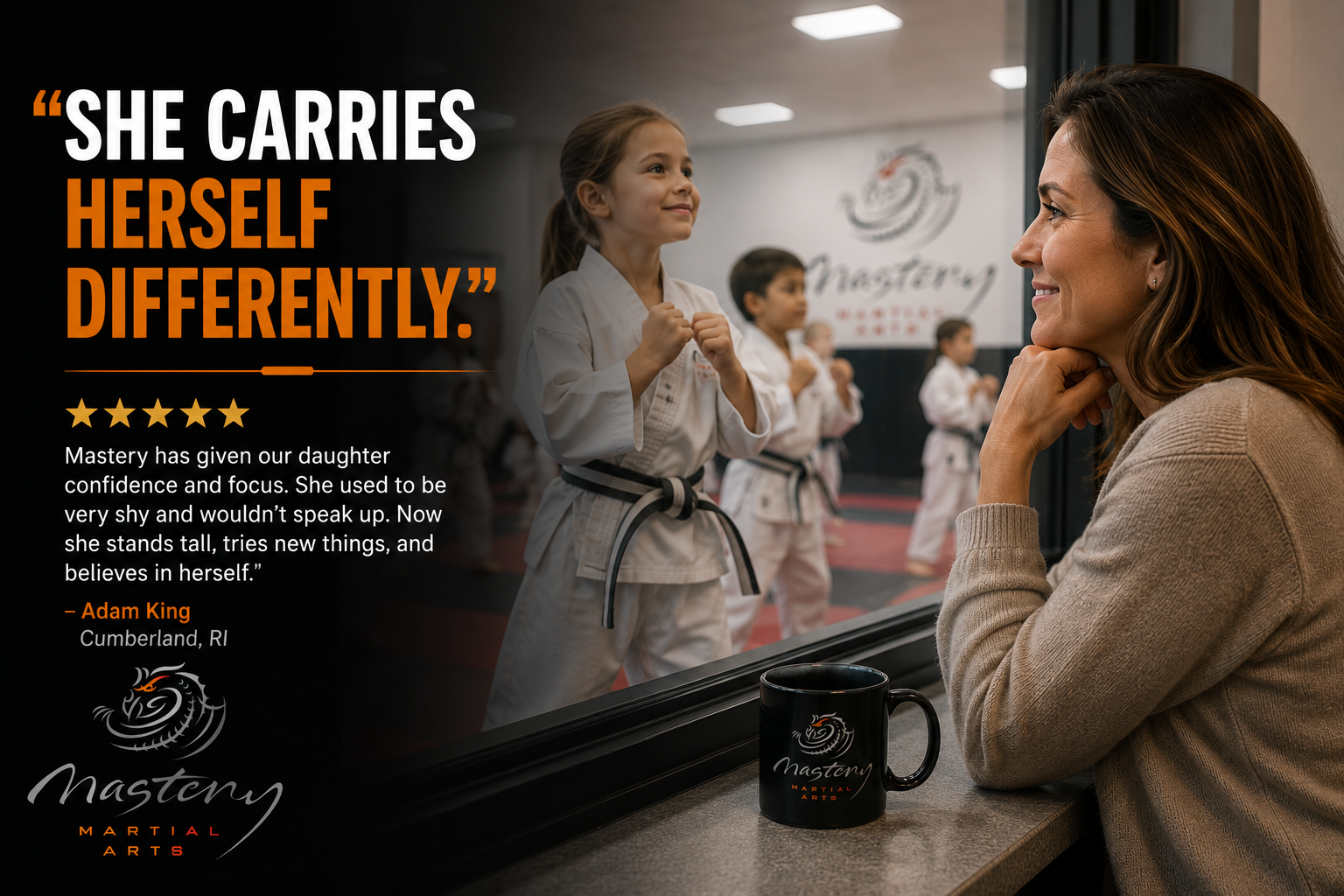 Parent proudly watching daughter train confidently during martial arts class. Parent proudly watching daughter train confidently during martial arts class.