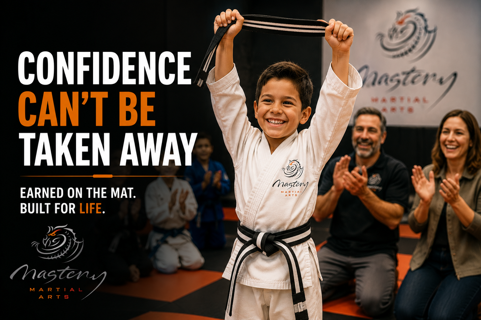 Young martial arts student proudly earning a new belt and smiling confidently. Young martial arts student proudly earning a new belt and smiling confidently.