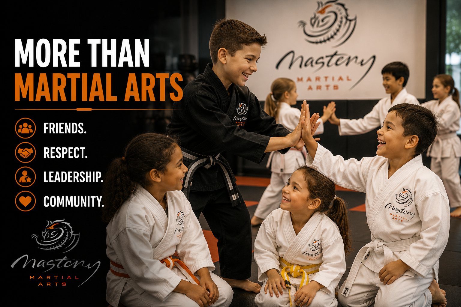 Children laughing together after martial arts class while showing confidence and friendship. Children laughing together after martial arts class while showing confidence and friendship.