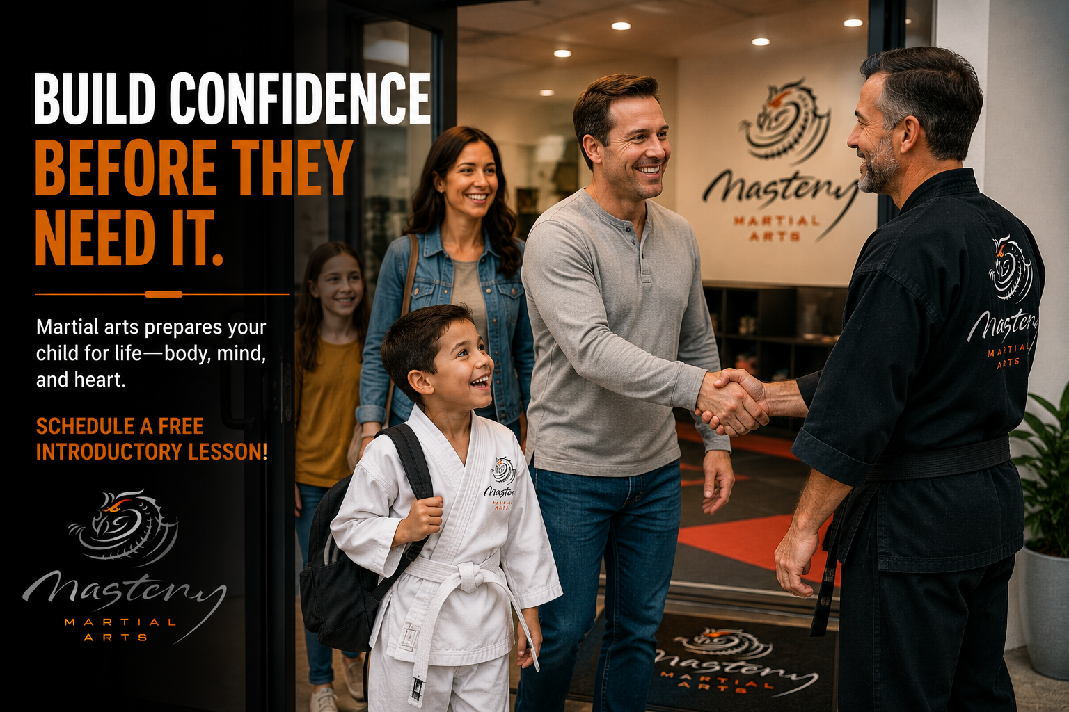 Instructor welcoming a new family to Mastery Martial Arts for their first introductory lesson. Instructor welcoming a new family to Mastery Martial Arts for their first introductory lesson.