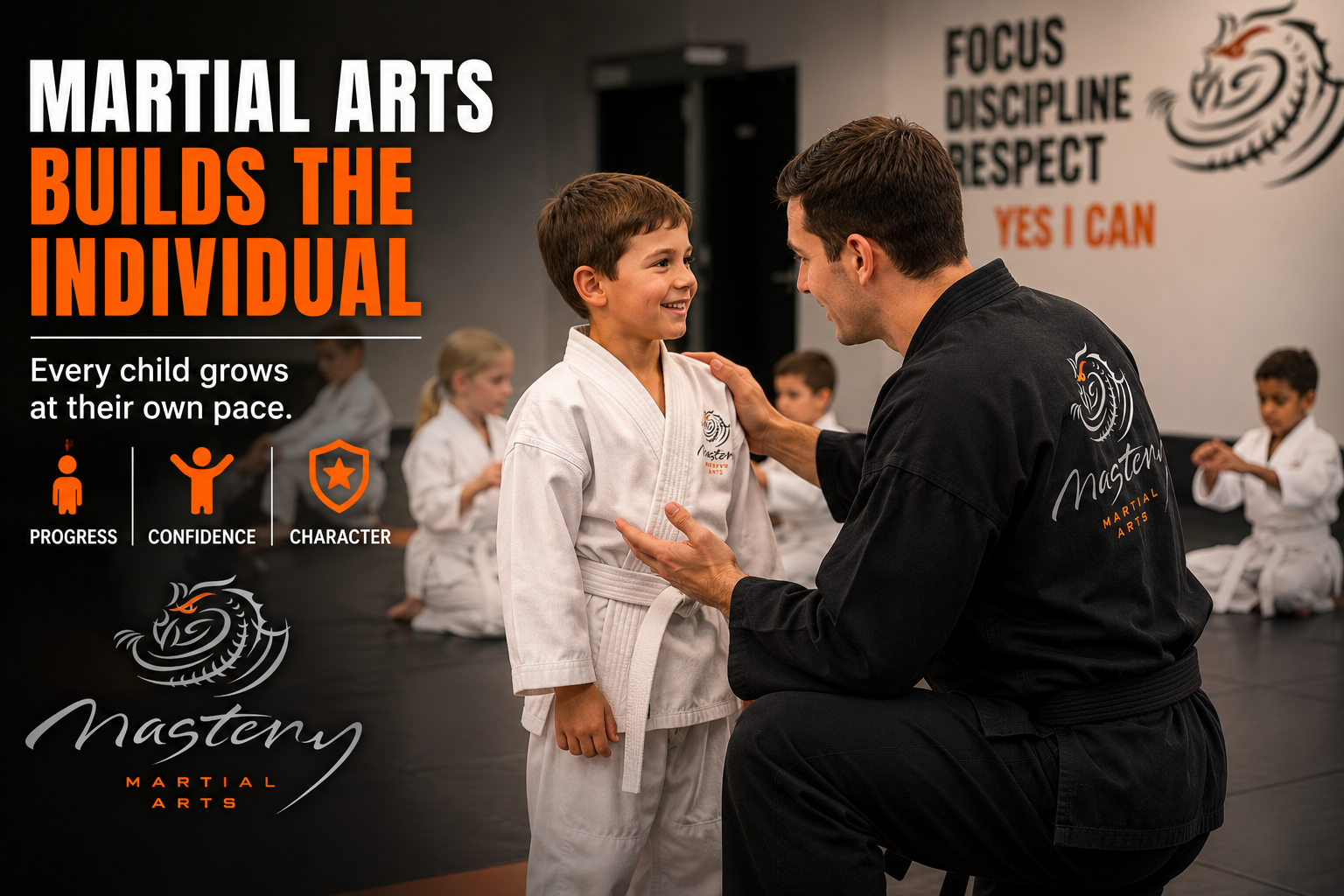 Young martial arts student earning individual instruction from an instructor. Young martial arts student earning individual instruction from an instructor.