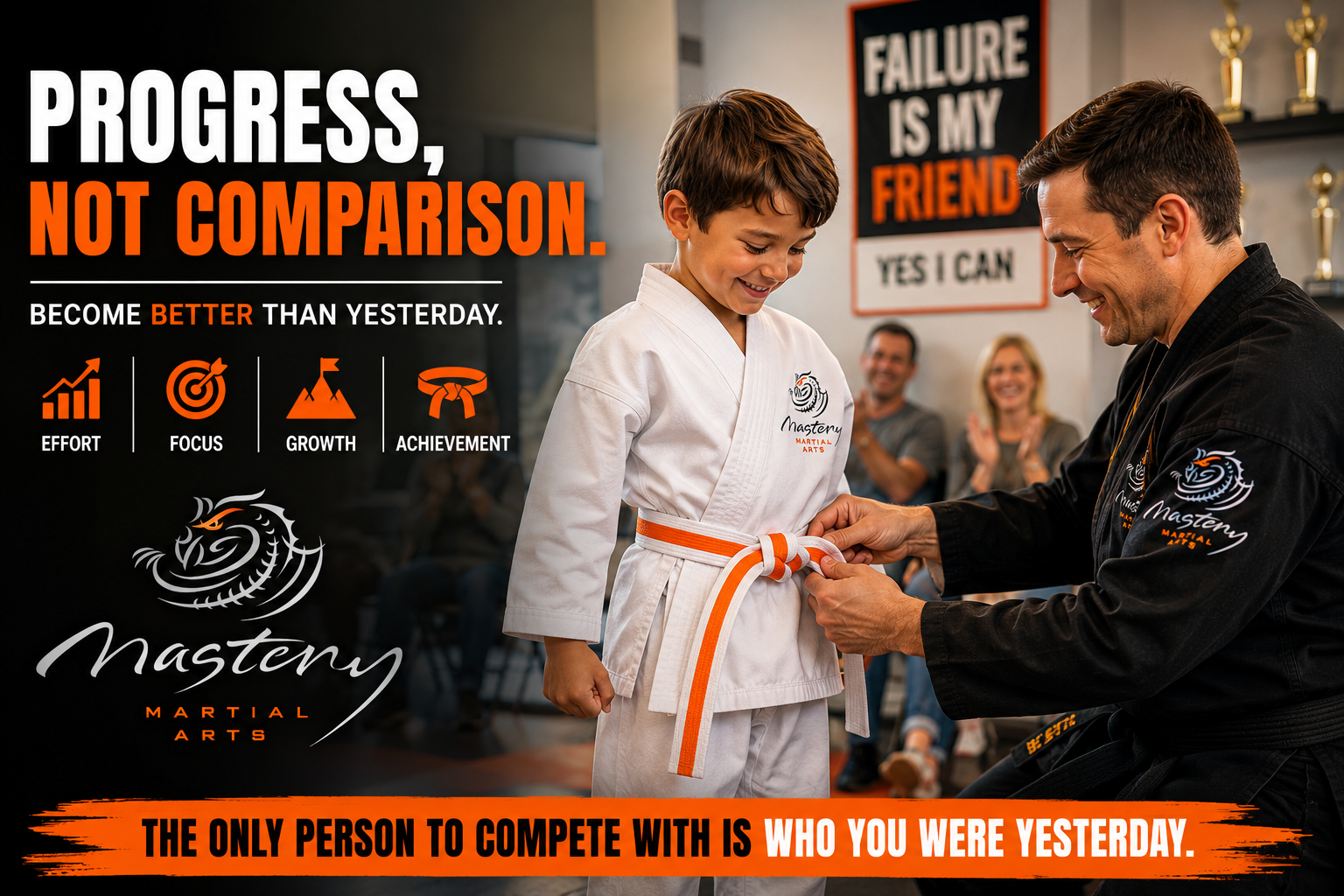 Young martial arts student receiving a new belt after achieving a personal goal. Young martial arts student receiving a new belt after achieving a personal goal.