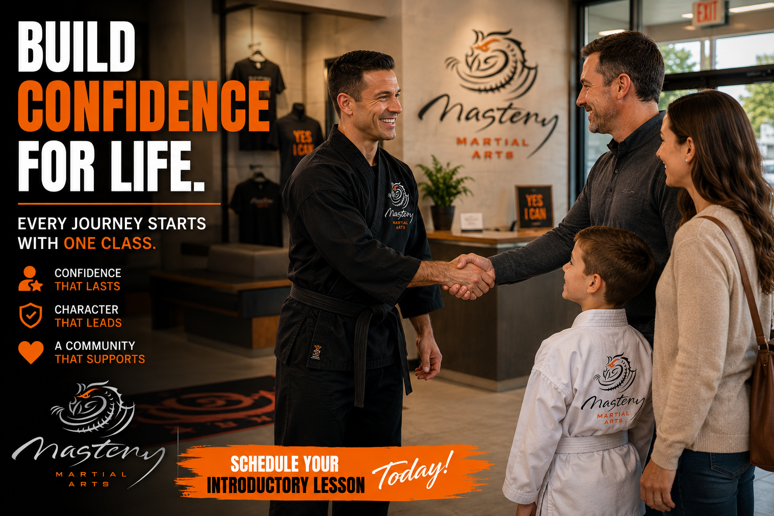Instructor welcoming a new family to their first martial arts lesson. Instructor welcoming a new family to their first martial arts lesson.