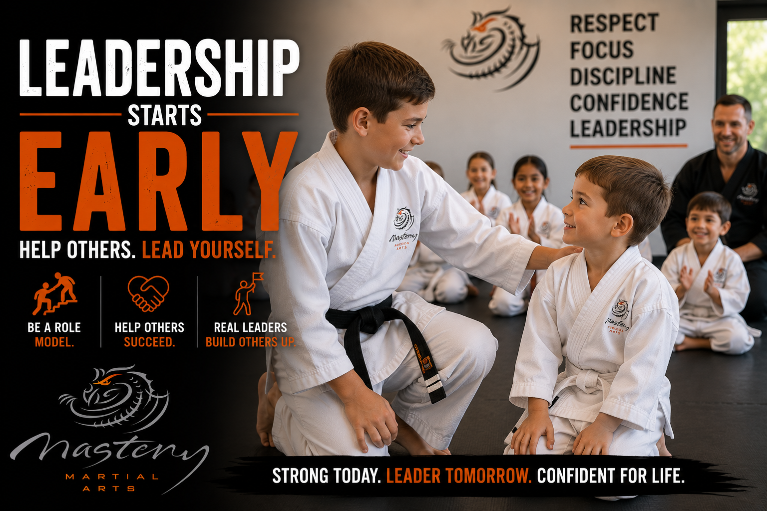 Older martial arts student helping a younger student during class. Older martial arts student helping a younger student during class.