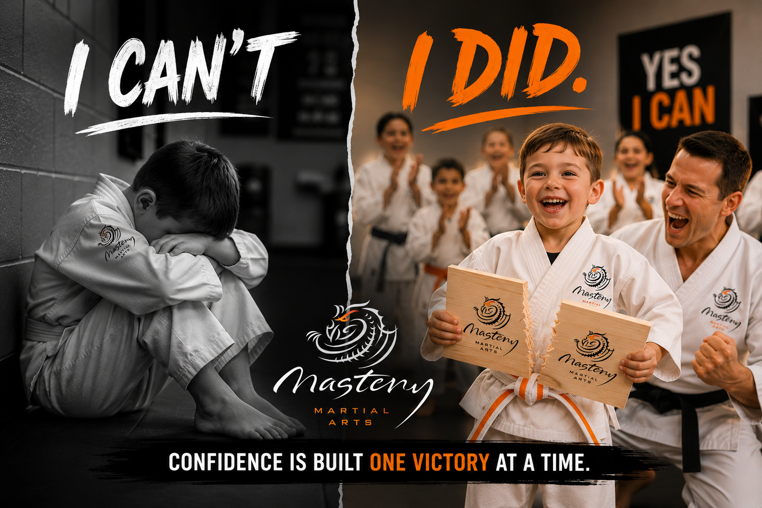 Before-and-after transformation showing a child replacing self-doubt with confidence after overcoming challenges. Before-and-after transformation showing a child replacing self-doubt with confidence after overcoming challenges.