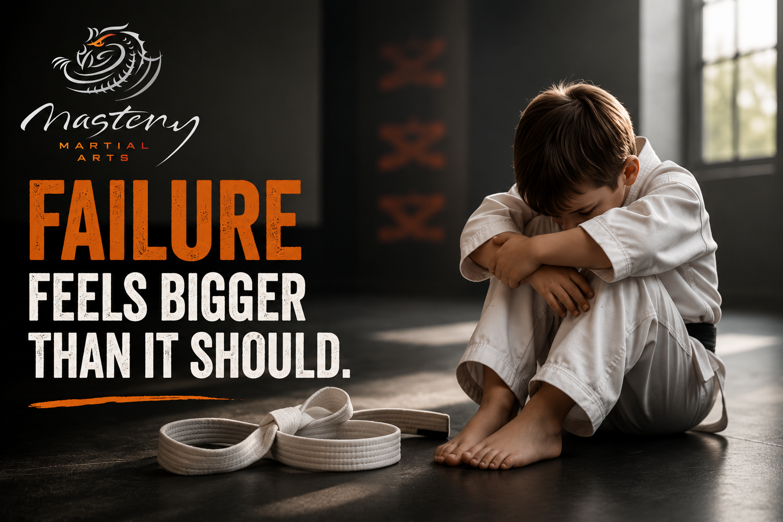 Young martial arts student sitting quietly after making a mistake, illustrating how children can experience fear of failure. Young martial arts student sitting quietly after making a mistake, illustrating how children can experience fear of failure.