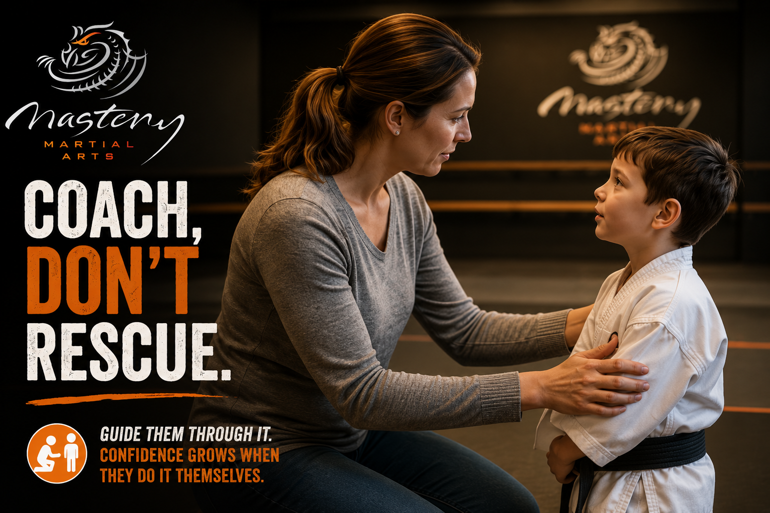 Parent encouraging a young martial arts student instead of solving the problem for them, helping build confidence through coaching. Parent encouraging a young martial arts student instead of solving the problem for them, helping build confidence through coaching.