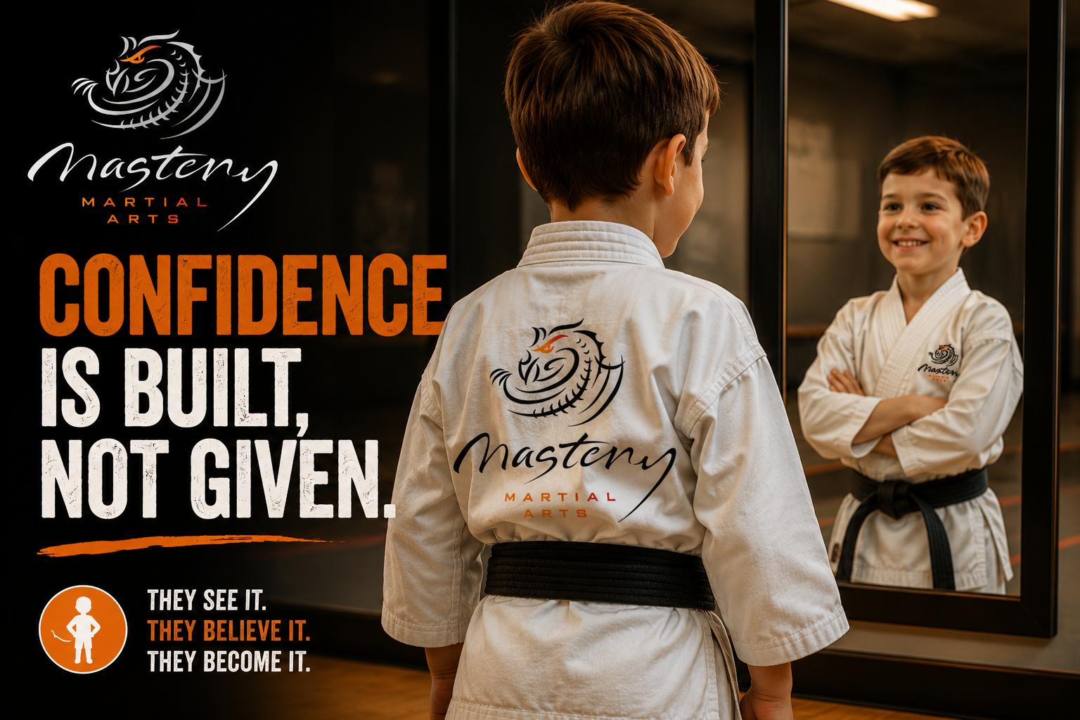 Young Mastery Martial Arts student smiling confidently at their reflection after overcoming challenges. Young Mastery Martial Arts student smiling confidently at their reflection after overcoming challenges.