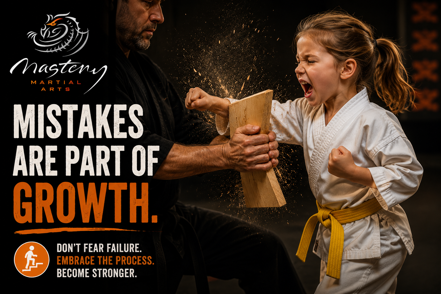 Young martial arts student breaking a board after practicing and learning from mistakes. Young martial arts student breaking a board after practicing and learning from mistakes.
