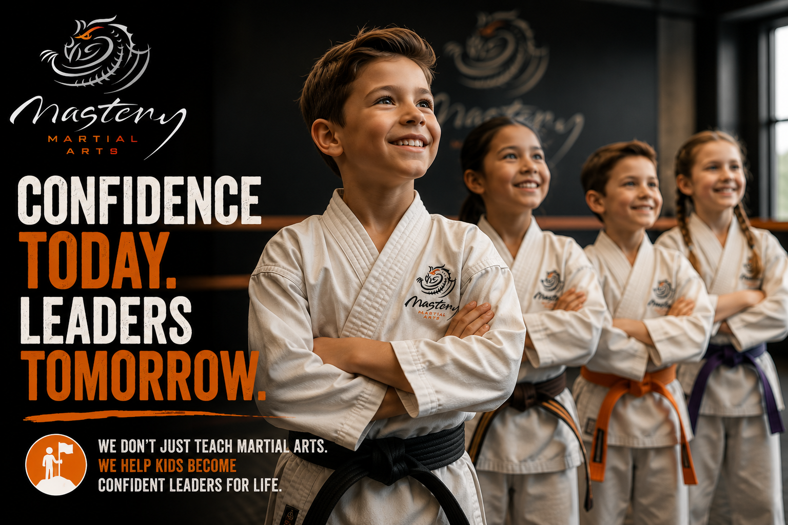 Confident children in Mastery Martial Arts uniforms demonstrating leadership and self-belief. Confident children in Mastery Martial Arts uniforms demonstrating leadership and self-belief.